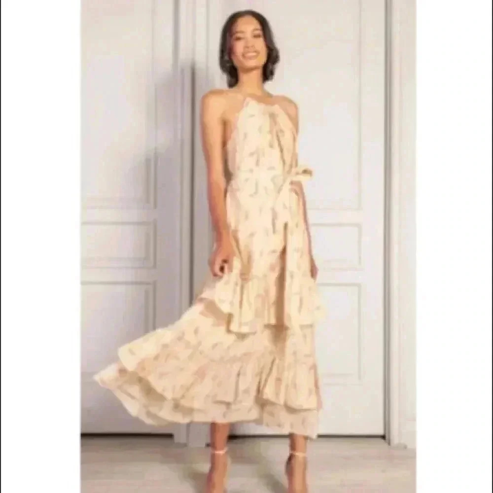 🆕Senlis Red & Gold Leaf Stephanie Tiered Ruffle Tie-Waist Sleeveless Dress S🆕 - Picture 2 of 11